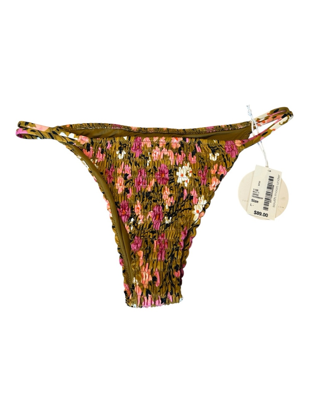 Tori Praver | NWT Mickey Smocked Floral Bikini Bottom - Olive with Pink Flowers